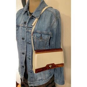 Vintage off white leather and tortoise print lucite shoulder bag 50’s ^Rare Find